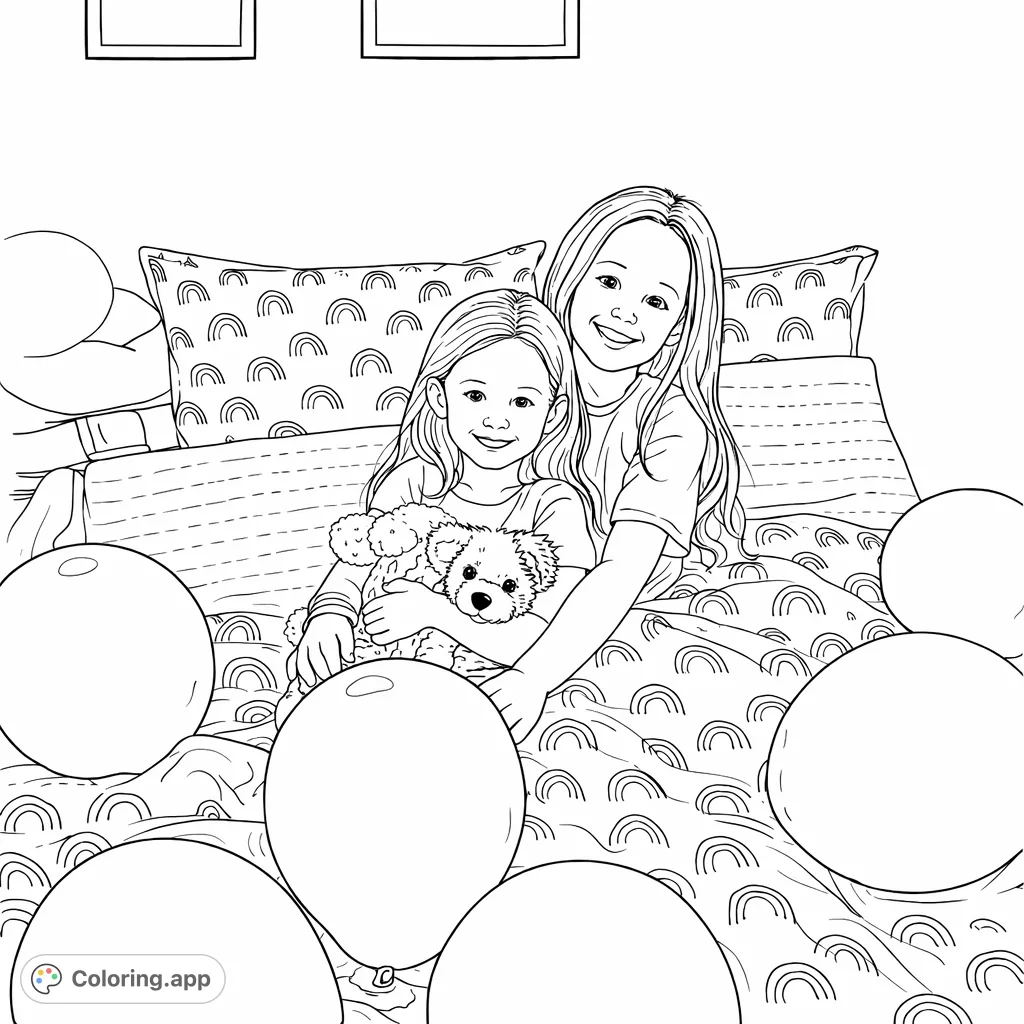 Two smiling sisters snuggle with plush toys amidst balloons on a bed with rainbow-patterned sheets. A heartwarming scene ready for your creative touch.