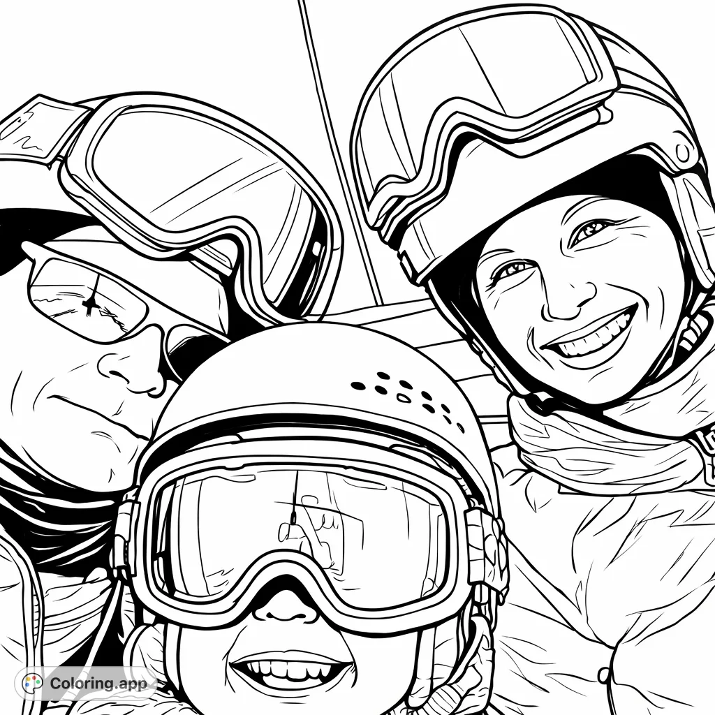 Capture the joy of a family ski adventure! Three smiling figures in full winter gear, perfect for personalizing with your favorite cool-weather colors.