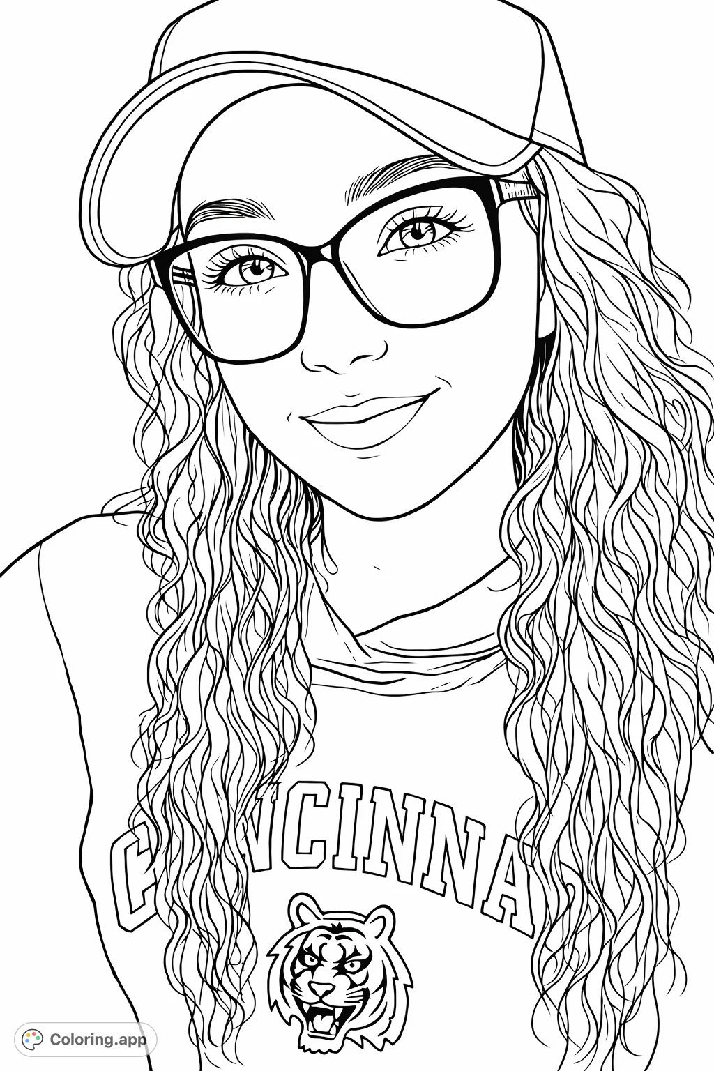 A charming portrait of a person in a cap and glasses, featuring expressive eyes, a gentle smile, and flowing wavy hair. Perfect for personalizing.