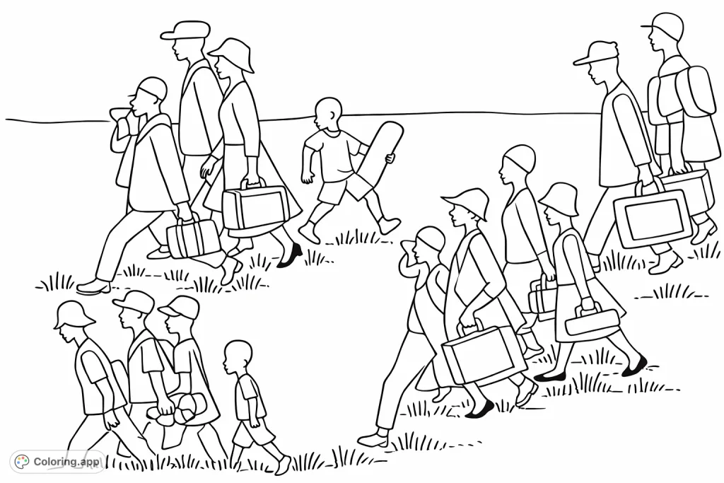 A compelling scene depicting numerous figures, adults and children, carrying their possessions as they journey across a landscape. Ideal for historical or social studies themes.