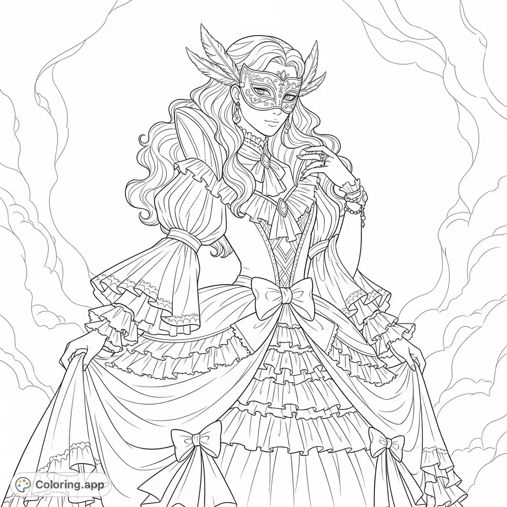 An exquisite Columbina coloring page featuring the elegant Genshin Impact character in a graceful pose, with her elaborate dress, iconic mask, and flowing hair.