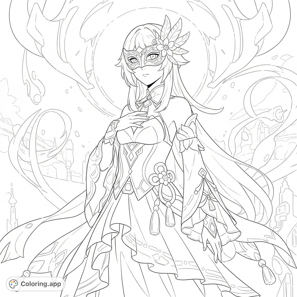 Color Columbina from Genshin Impact! This intricate page features the elegant Fatui Harbinger with her detailed mask, elaborate gown, and flowing hair amidst ethereal patterns.