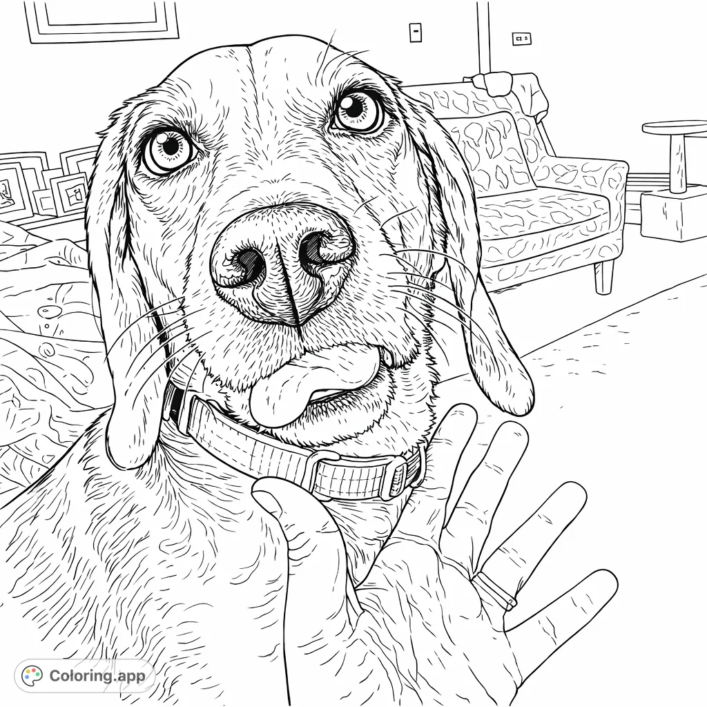 A charming coloring page featuring a playful dog with its tongue playfully extended, looking directly at you. A human hand adds a touch of connection. Perfect for dog lovers!