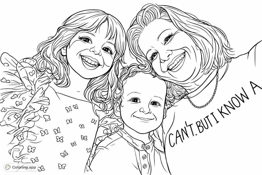 Capture the happiness of a family playtime with this delightful coloring page featuring three smiling faces, playful makeup, and charming details. A perfect, heartwarming scene.