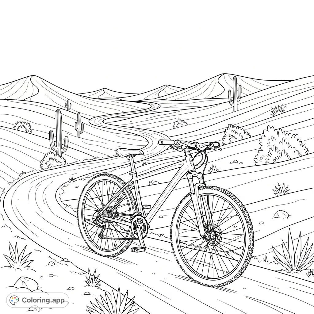Explore a thrilling desert bike coloring page! A rugged bike navigates a dirt road through majestic desert dunes, perfect for all ages.