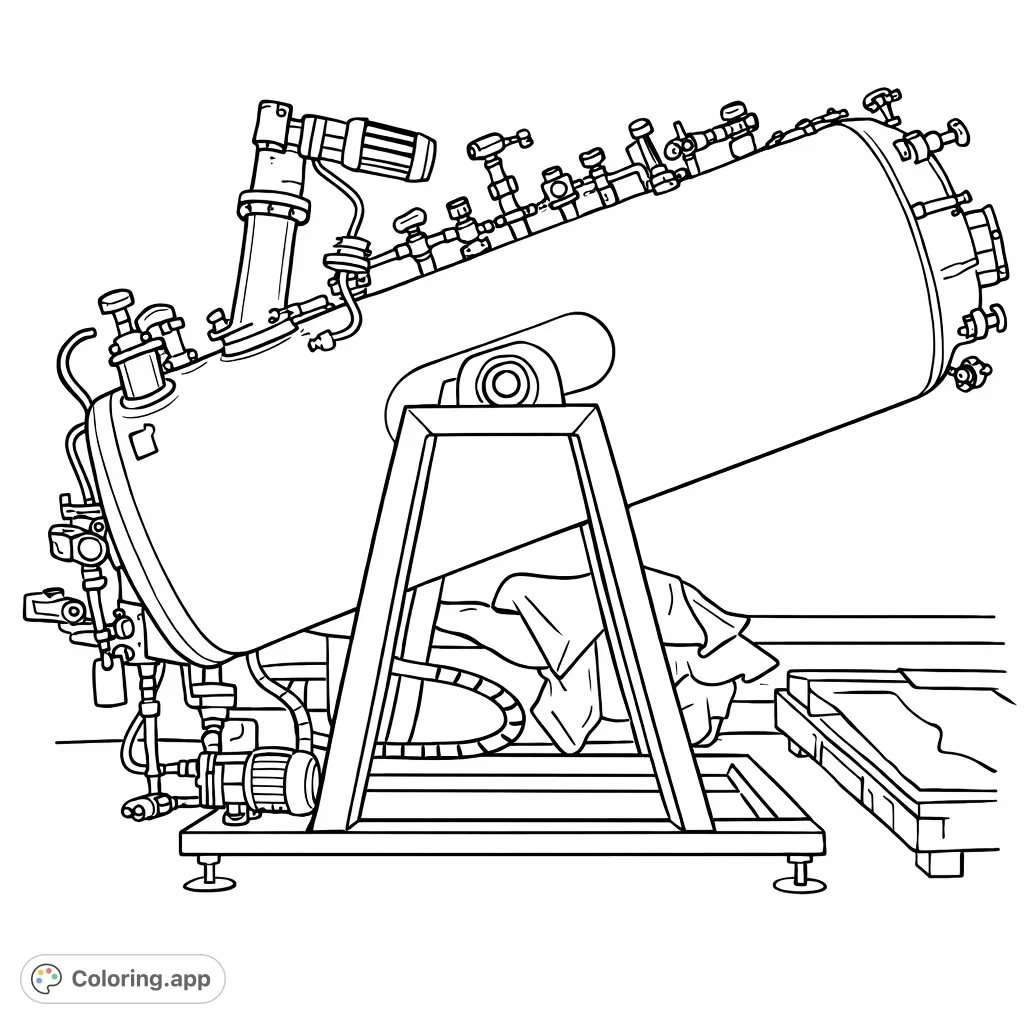 Explore a simplified industrial processing tank on a metal stand. This cartoony coloring page features pipes, valves, and mechanical details for creative fun.