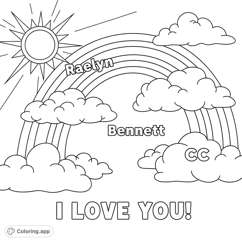 A delightful coloring page featuring an arching rainbow, fluffy clouds, a radiant sun, and special names with a heartfelt "I LOVE YOU!" message.