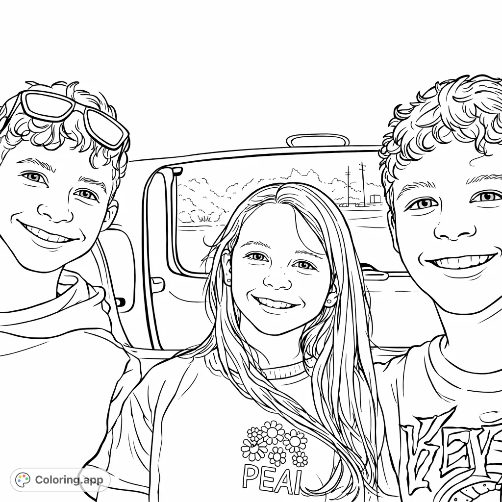 Capture the joyful scene of three friends on a car trip, smiling and ready for adventure. A fun and engaging coloring page for all ages.
