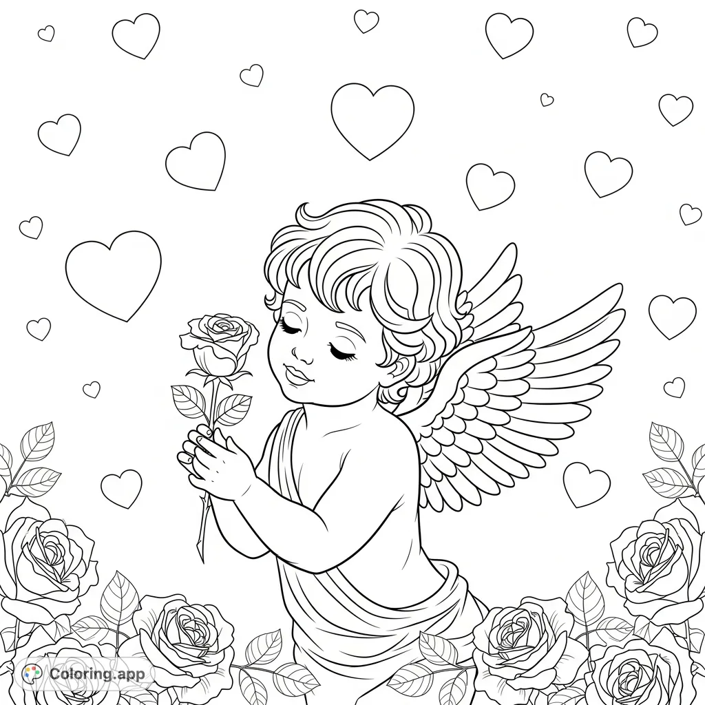 Adorable Cupid holds a beautiful rose amidst scattered hearts, creating a sweet and romantic Valentine's Day scene perfect for a lovely coloring page.