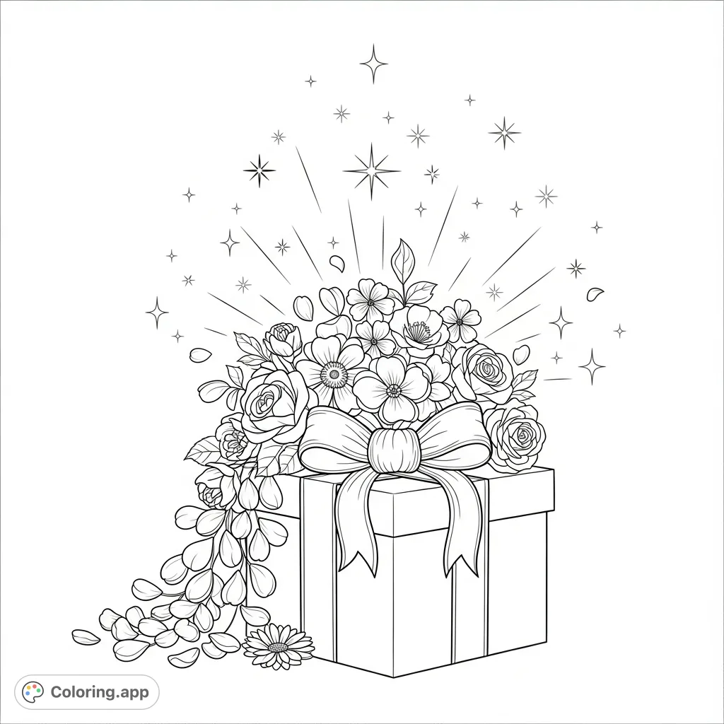 A charming Valentine's Day gift box adorned with a lavish bow and abundant flowers, surrounded by twinkling sparkles, perfect for a heartwarming coloring experience.