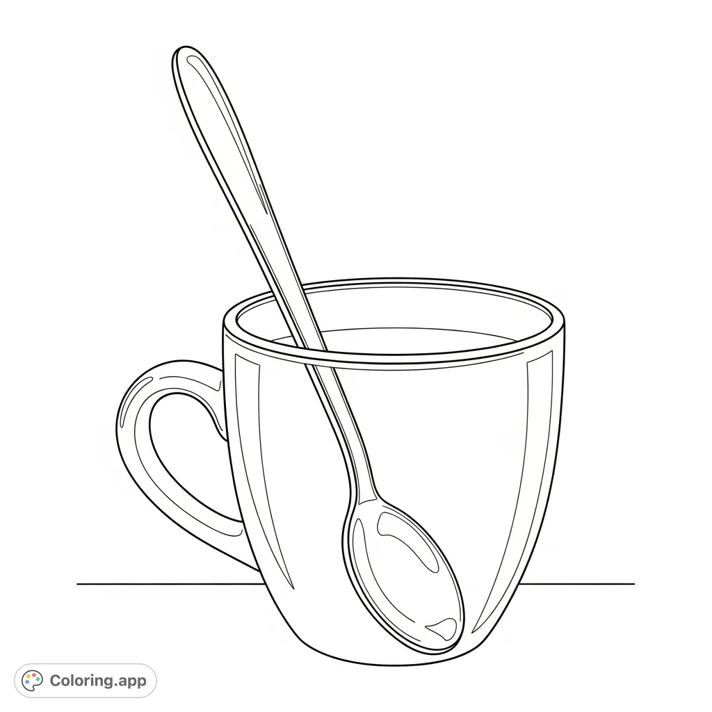 Relax with this cozy coffee cup coloring page, featuring a classic mug with a spoon nestled inside. Perfect for adding your personal touch and creativity.