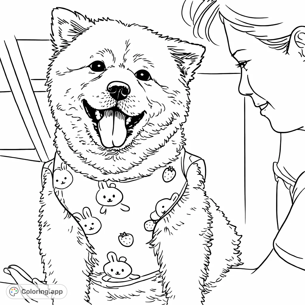 Delightful coloring page featuring a fluffy, smiling dog in a cute bunny-patterned shirt, interacting with a friendly person. A heartwarming scene for all ages.