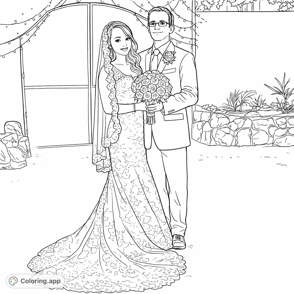 Celebrate love with this elegant wedding couple coloring page. Featuring intricate lace, a floral bouquet, and formal attire, it's perfect for romantic themes and creative expression.
