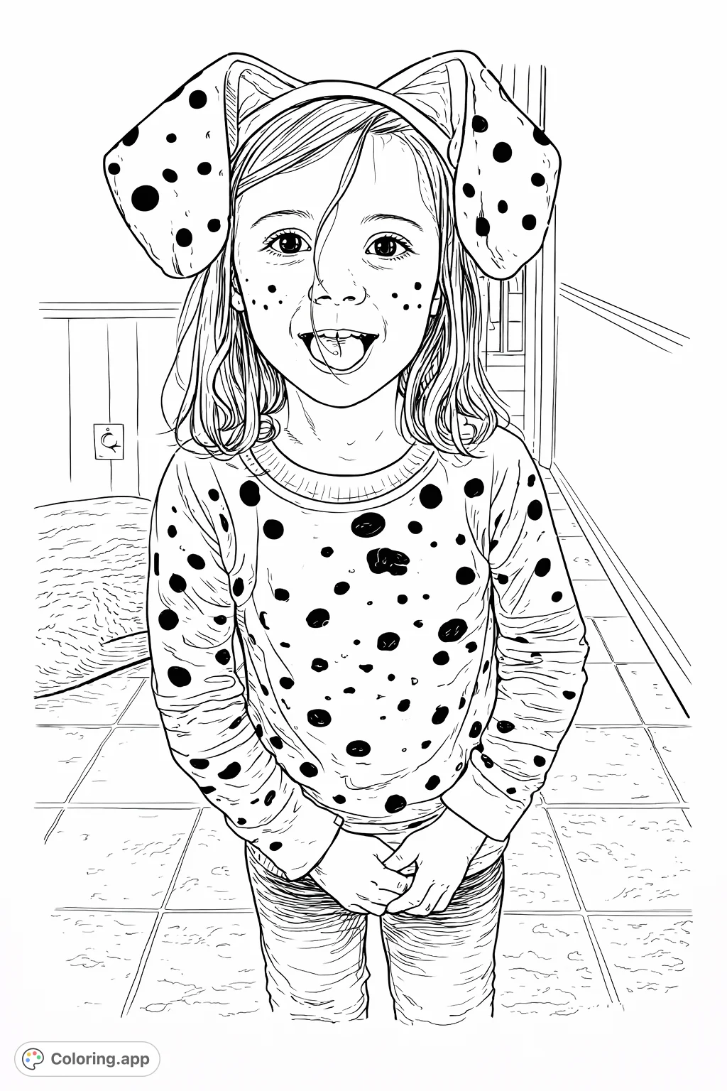 A delightful dalmatian coloring page featuring a child in a spotted costume with playful ears and expression. Perfect for creative fun!