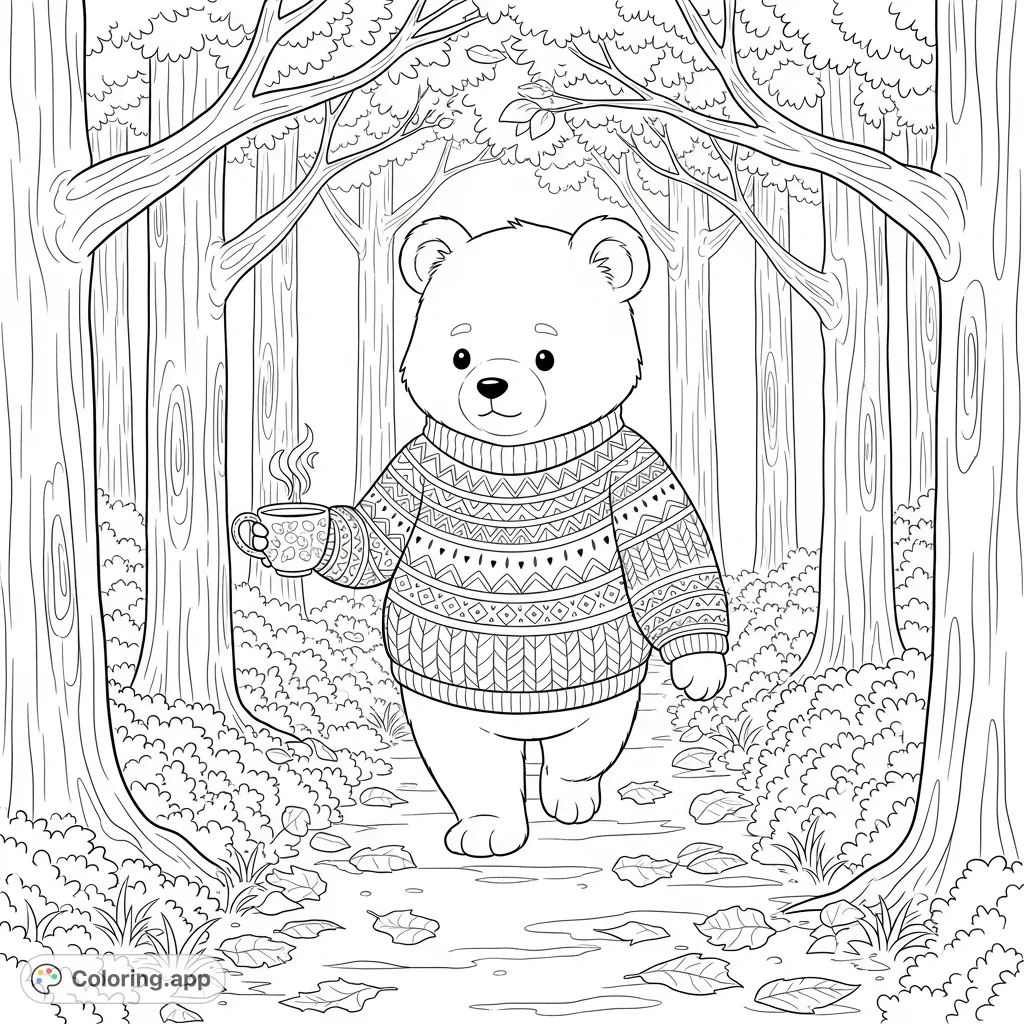 A charming anime bear enjoys a cozy fall afternoon walk through a forest, cradling a steaming coffee cup while wearing a cute patterned sweater.