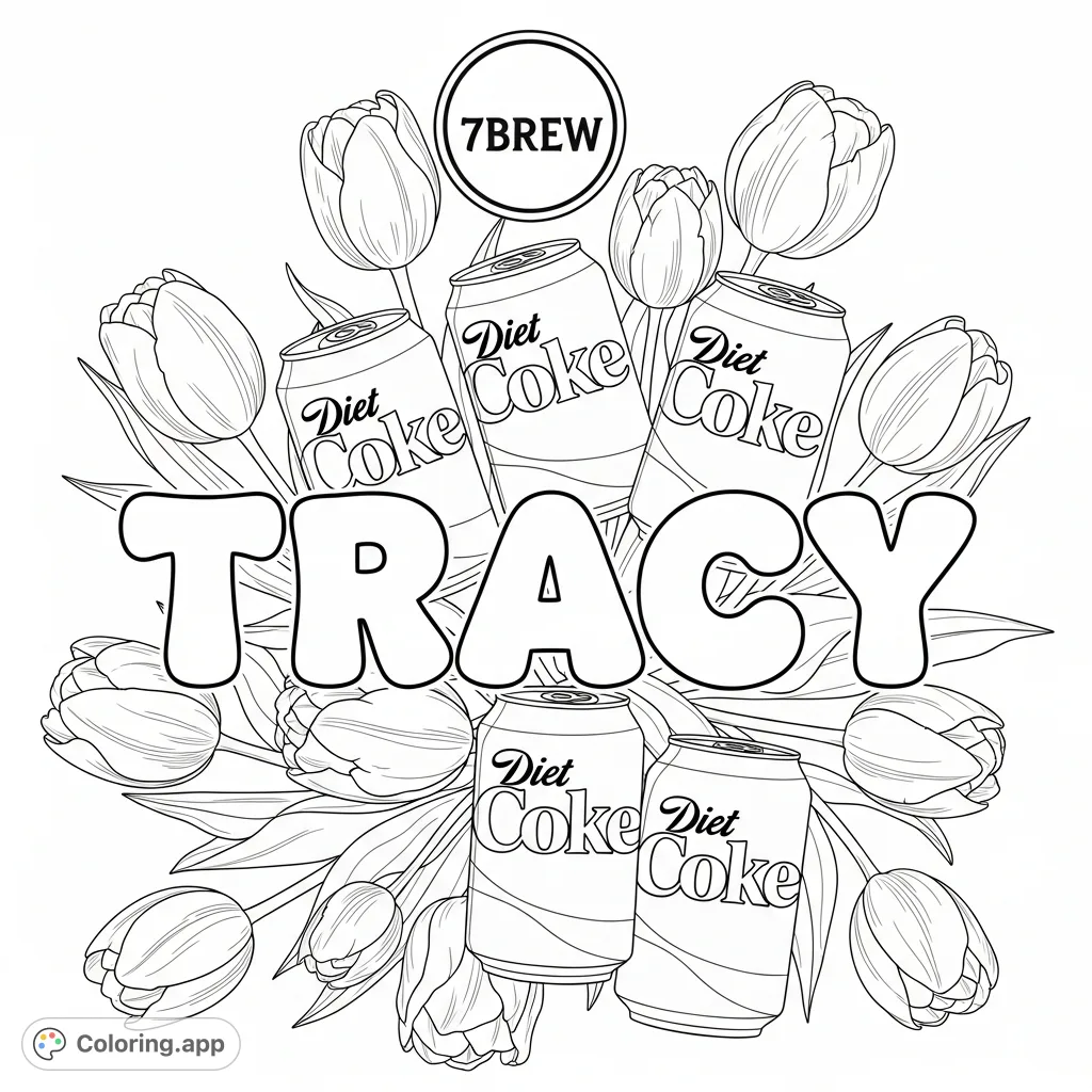 A unique, personalized coloring page featuring the name "Tracy" in bubble letters, surrounded by elegant tulips, Diet Coke cans, and the 7Brew logo.