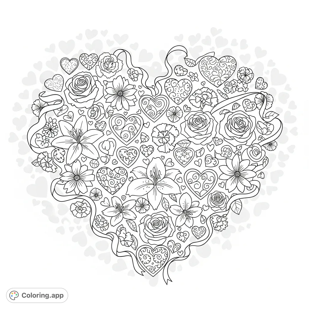 Celebrate love with this romantic Valentine's Day coloring page. Features a large floral heart, delicate smaller hearts, and ribbons for a truly romantic design.