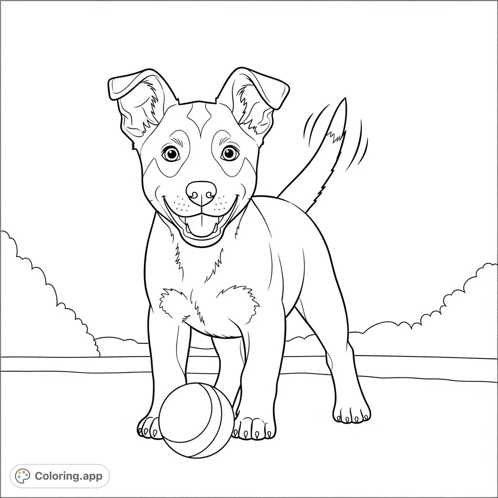 A delightful puppy sits happily with a ball, its tail wagging with joy. A perfect free printable puppy coloring page for kids and adults alike.
