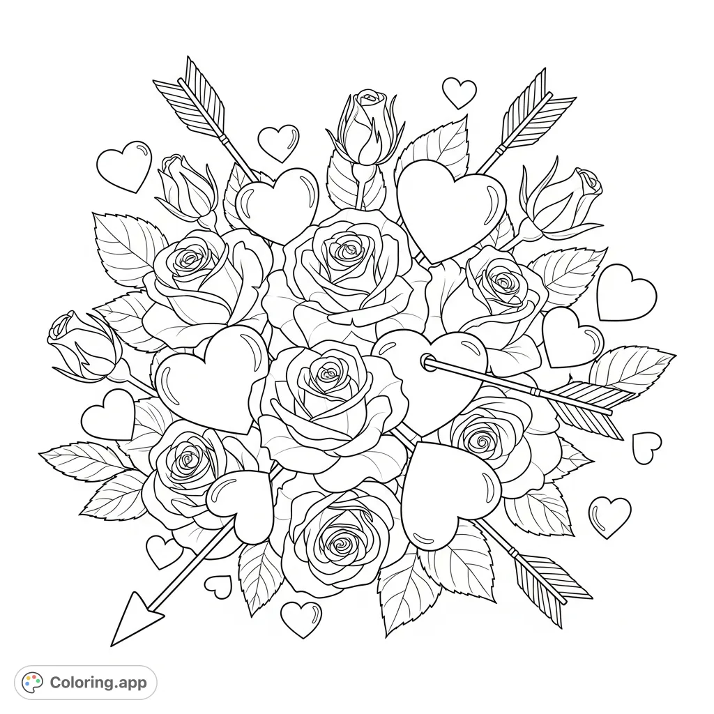 A beautiful Valentine's Day coloring page with intricate roses, flowing hearts, and delicate arrows, perfect for expressing love and creativity.