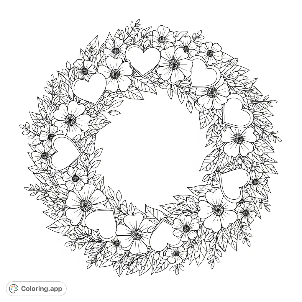 A beautiful Valentine's flower wreath intricately adorned with various blossoms and delicate heart shapes, perfect for a romantic coloring experience.