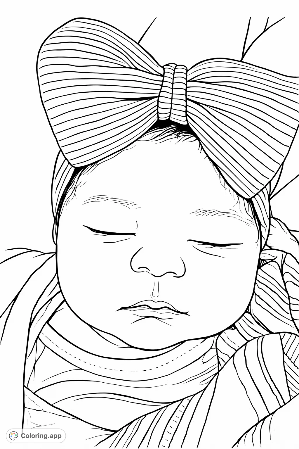 A peaceful newborn baby, eyes closed, adorned with a charming striped bow headband and wrapped in a cozy swaddle blanket, perfect for welcoming a new arrival.