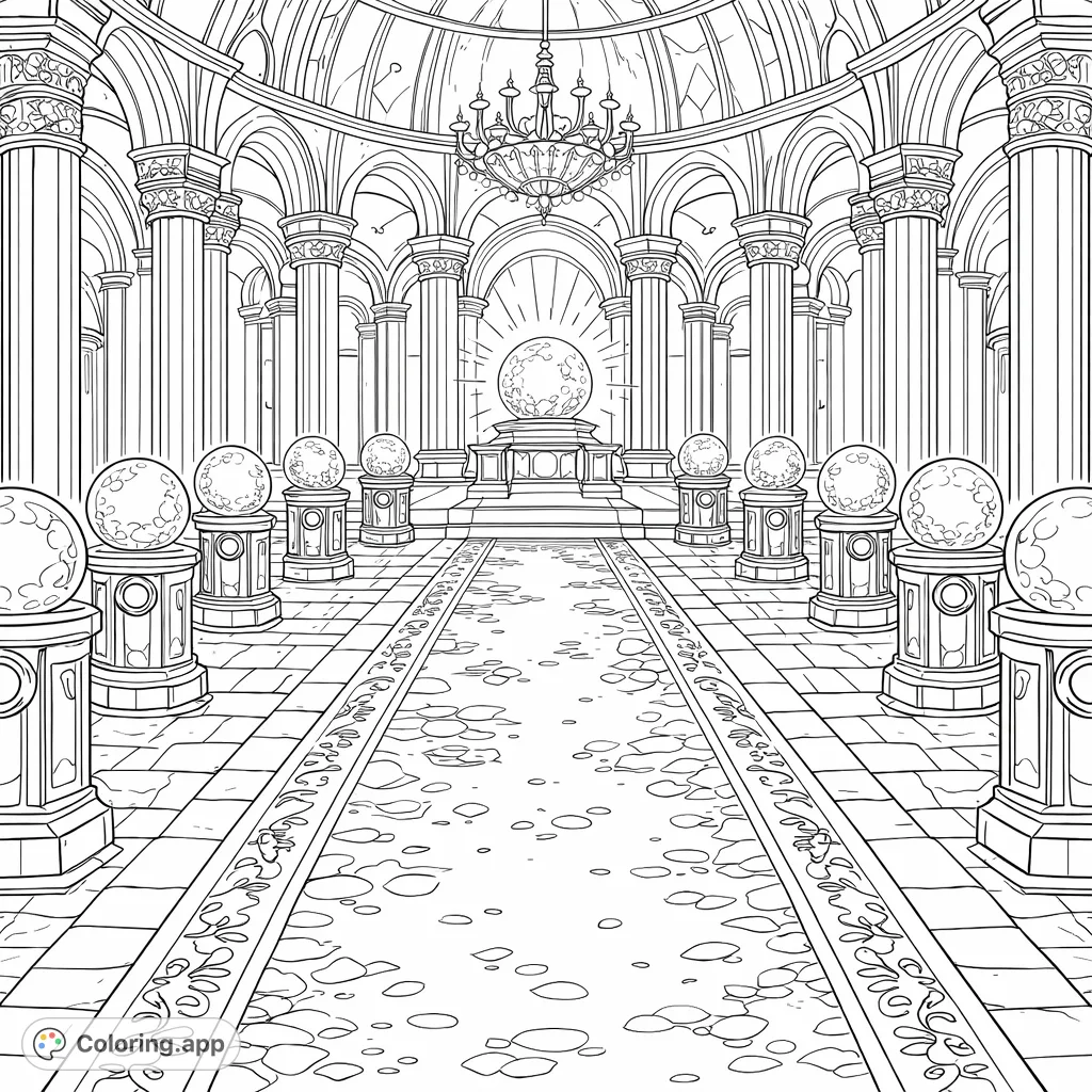 Explore a grand hall with glowing orbs, ornate columns, and a majestic chandelier. A fantasy realm awaits your creative touch in this detailed scene.