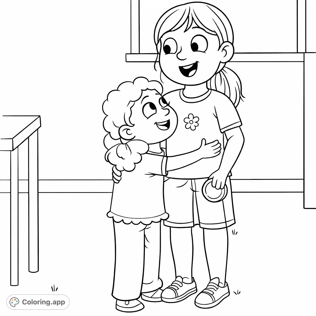 A sweet friendship coloring page featuring two young girls sharing a warm hug. Perfect for celebrating connection and spreading happiness through art.