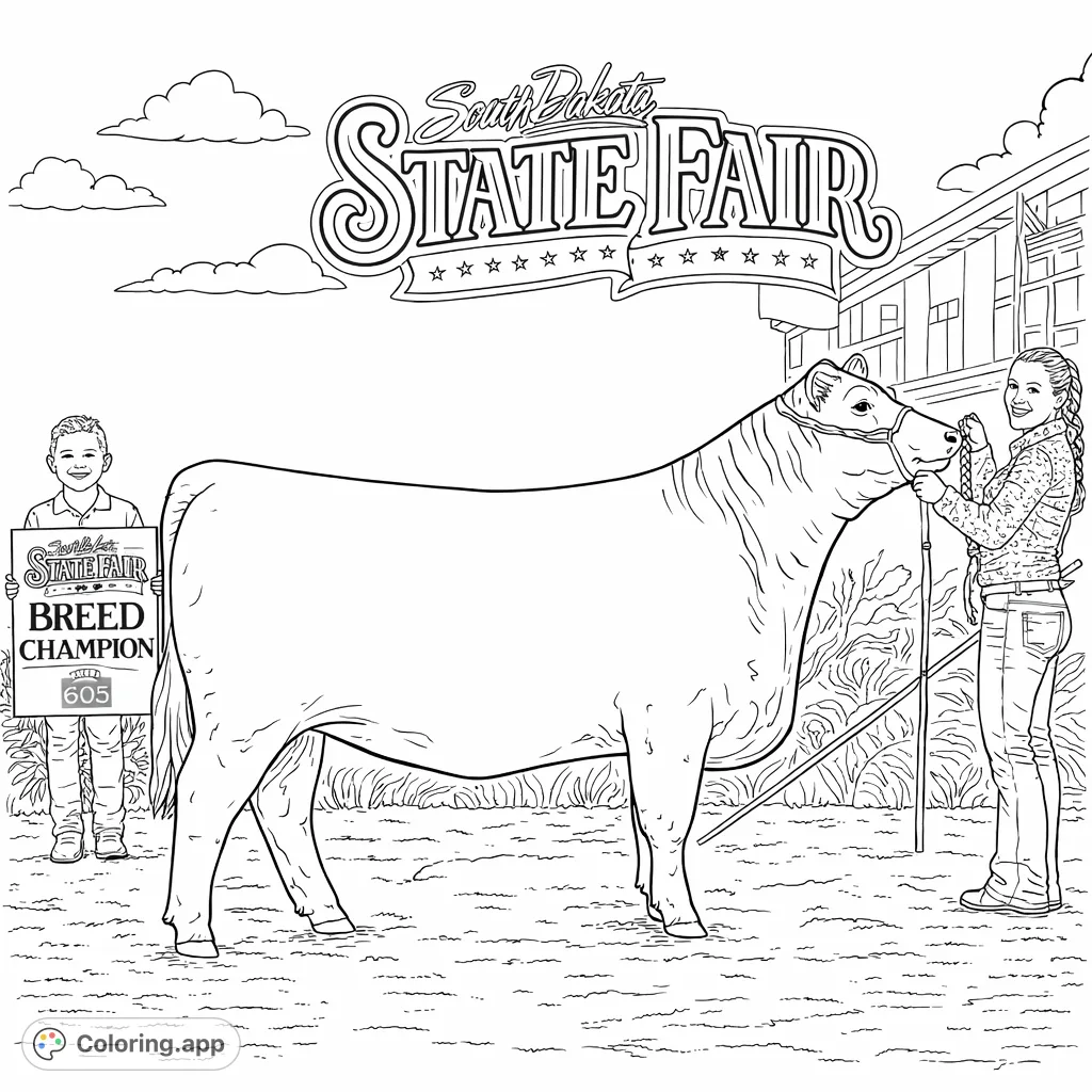 A grand state fair scene featuring a large bovine animal with an adult handler and a child holding a championship sign against a festive banner backdrop.