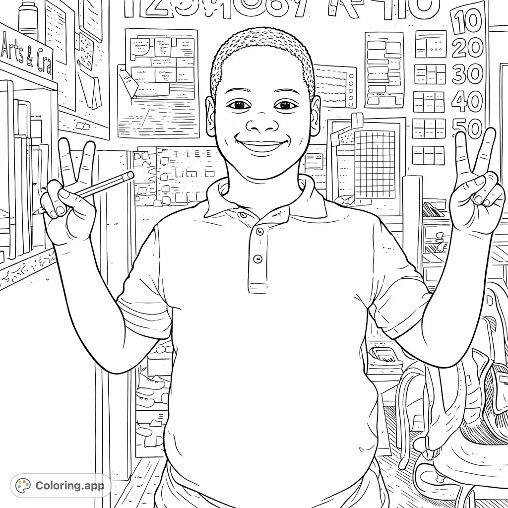 A cheerful student shows off his pencil and peace sign in a lively classroom. Perfect for capturing the joy of learning and school days!