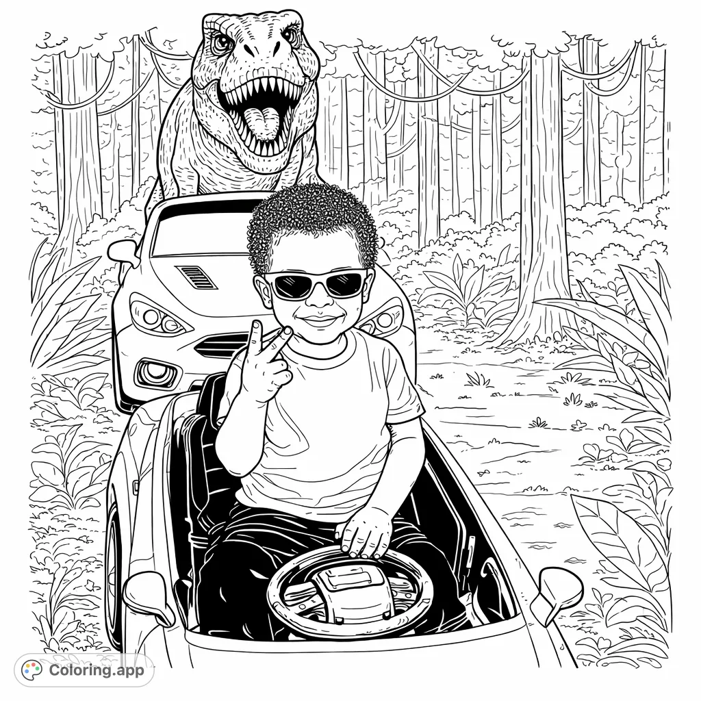 A cool kid in a toy car with a mighty T-Rex in a jungle scene. An exciting dinosaur coloring page for adventure lovers!