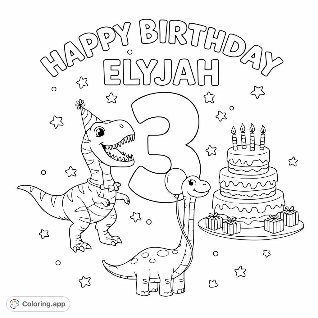 Roaring good time! A T-Rex and long-necked dinosaur celebrate a third birthday with a cake, gifts, and a personalized message. Perfect for dinosaur fans!