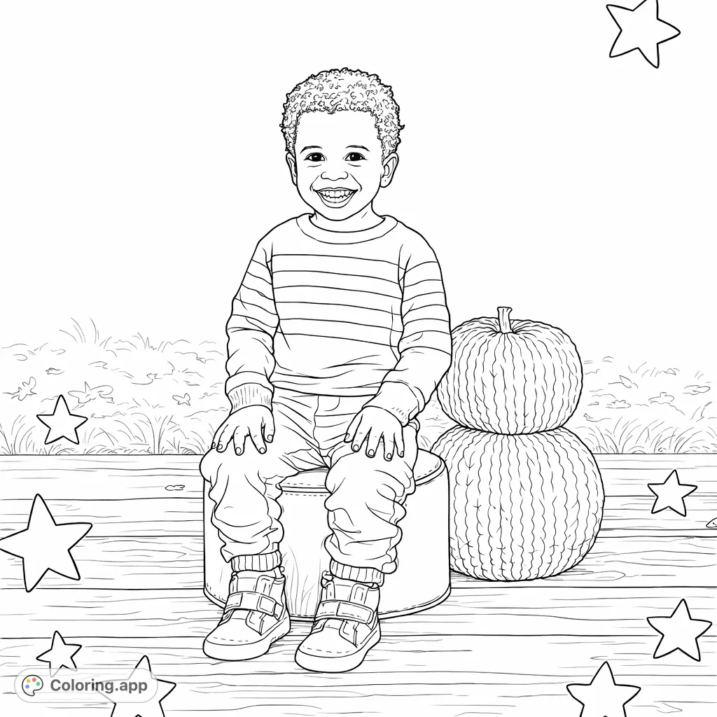 Capture the joy of autumn with this cute child and pumpkin coloring page. Features a smiling child, textured pumpkins, and scattered stars.