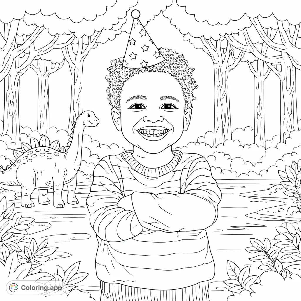 A joyful child in a party hat smiles alongside a friendly dinosaur in a playful forest. Perfect for a birthday celebration or a prehistoric adventure coloring page.