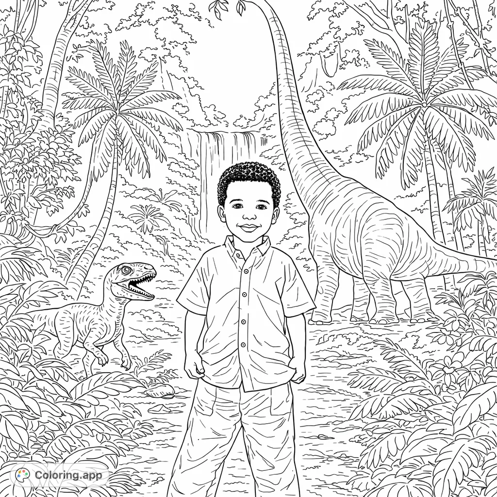 Explore a prehistoric jungle with a smiling child and magnificent dinosaurs, including a long-necked giant and a swift hunter, amidst waterfalls and lush plants.