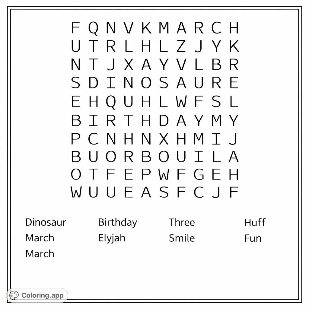 Enjoy this engaging word search coloring page featuring a grid of letters and a list of words to find and color. Perfect for learning and relaxation.