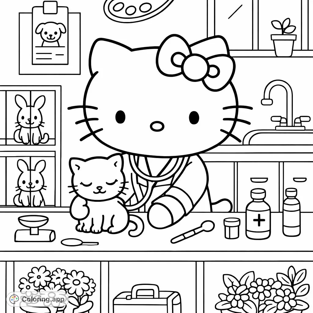 Join Hello Kitty as a caring vet, tending to her animal friends and medical supplies in this adorable and engaging coloring page.