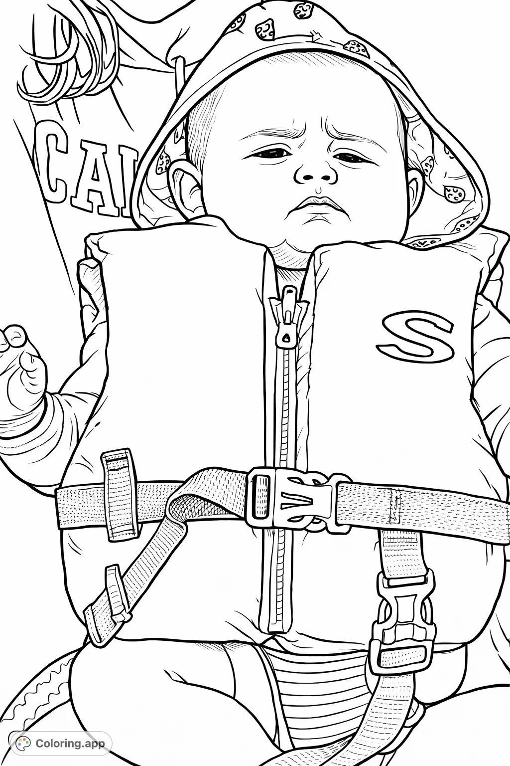 An adorable baby dons a life vest and patterned hood, ready for adventure. Perfect for new parents and little explorers.