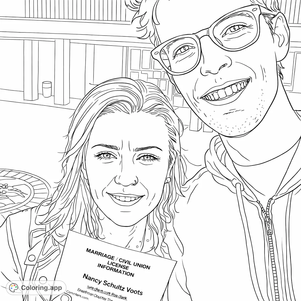 A cheerful couple holding their marriage license, celebrating a special moment. Features detailed faces, clothing, and a document with text, set against a public building.