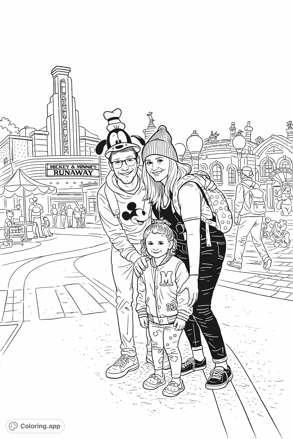 Capture a joyful family outing at a whimsical theme park, featuring character hats, iconic buildings, and happy smiles. A fun and detailed adventure awaits your creative touch.