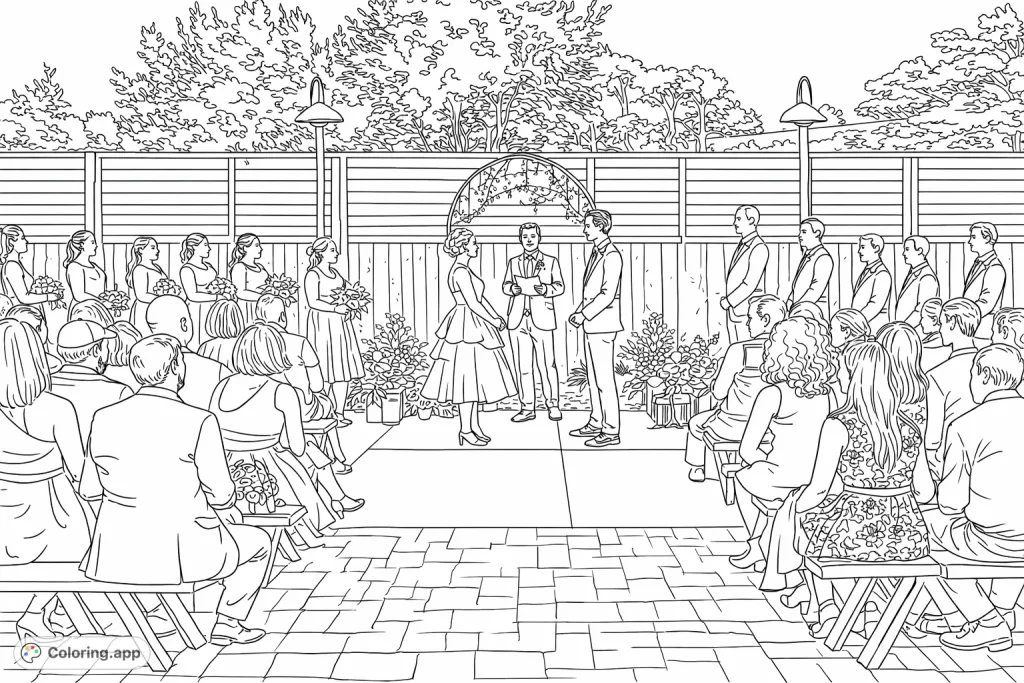 Capture the joy of an outdoor wedding ceremony. A couple exchanges vows under a leafy arch, surrounded by guests in a charming courtyard.