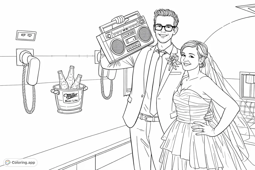 Capture a stylish couple celebrating with a vintage boombox inside a retro trailer. Perfect for anyone who loves unique wedding scenes and nostalgic themes.
