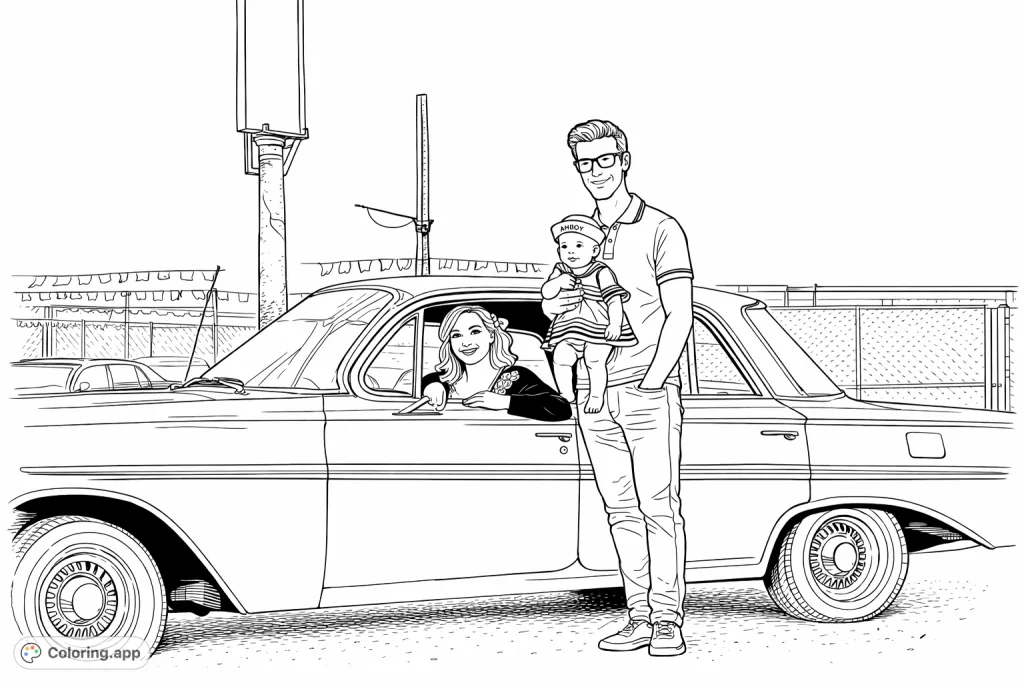 Capture a joyful family moment with a vintage car and a baby in a sailor outfit. A charming scene for all ages to color and cherish!