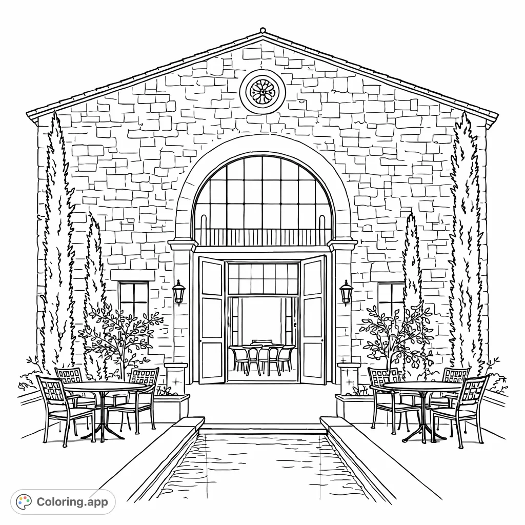 Explore a majestic stone villa with a grand arched entrance, tranquil reflecting pool, and charming patio seating, perfect for a relaxing coloring experience.