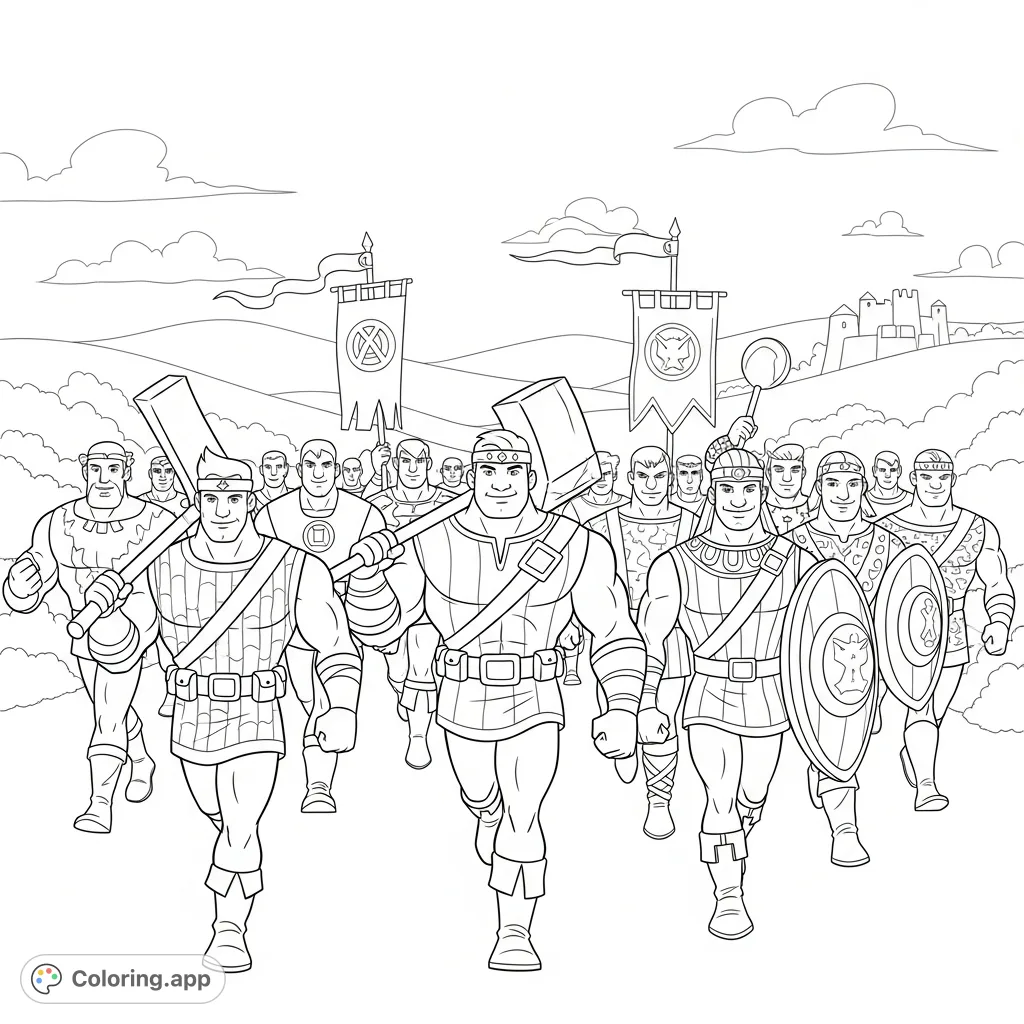A heroic cartoon army of strong, friendly characters marches forward with determination. Unleash your creativity on this dynamic, free printable coloring page for all ages.