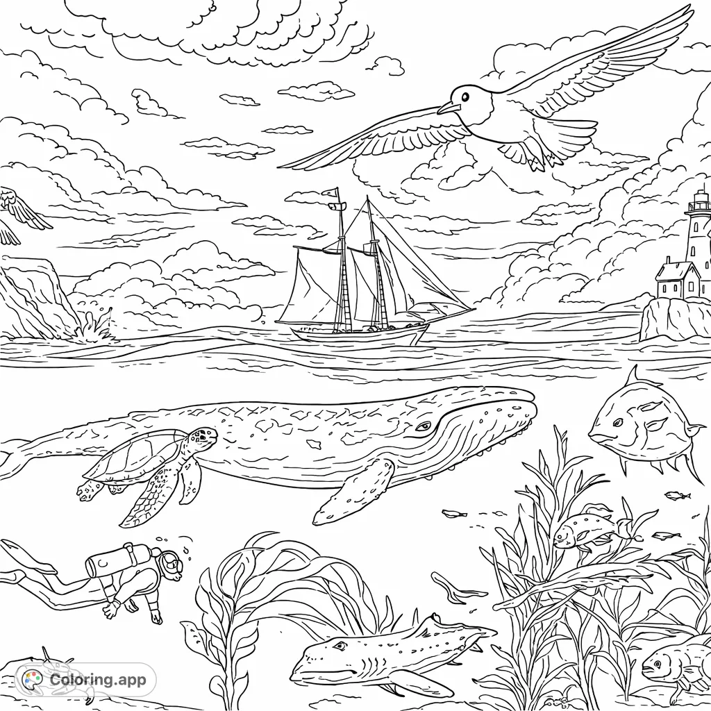 Explore a vibrant ocean world above and below the waves, featuring whales, sea turtles, a diver, sailboat, and diverse marine life in intricate detail.