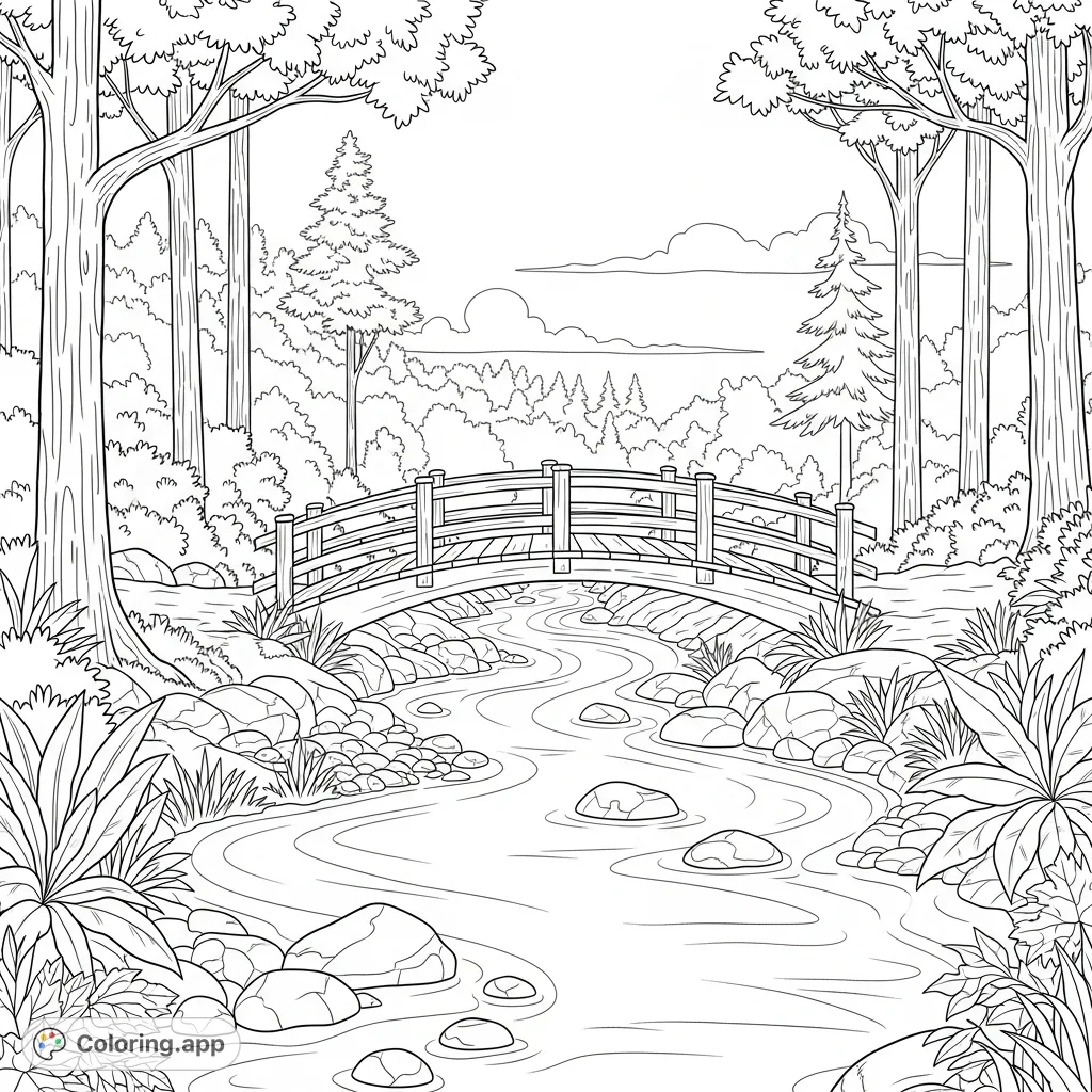 A beautiful forest river scene with a wooden bridge, inviting you to explore nature's tranquility. A free printable nature scene coloring page for adults.