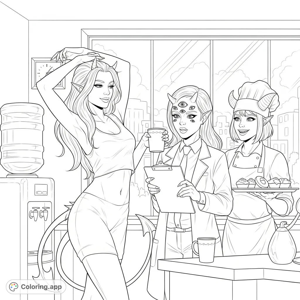 Three unique female demons, a graceful succubus, a multi-eyed demoness, and a horned chef, enjoy a break in a sunlit room, offering a fun, unexpected scene.