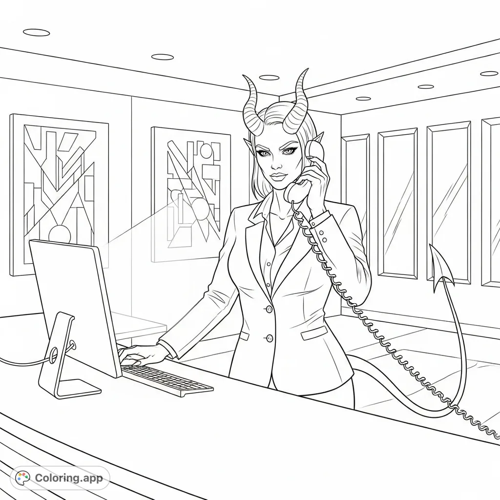 An intriguing coloring page featuring a powerful female demon in a business suit at a modern reception desk, amidst a sophisticated office lobby. Perfect for adults.