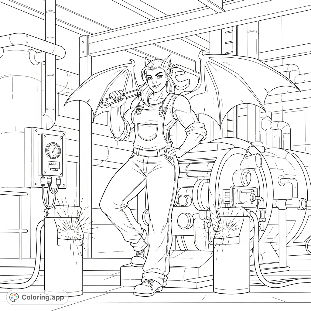 A powerful female imp in practical overalls leans against complex factory machinery, holding a wrench. Sparks fly in the industrial backdrop, creating a dynamic scene.