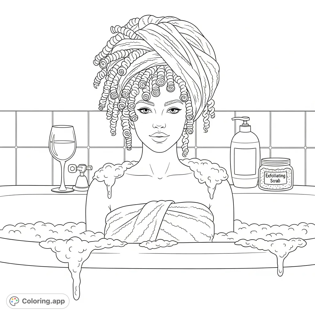 Discover a luxurious bubble bath scene featuring a confident woman with an elaborate coily hairstyle, wrapped in a plush towel. A perfect sophisticated coloring page.